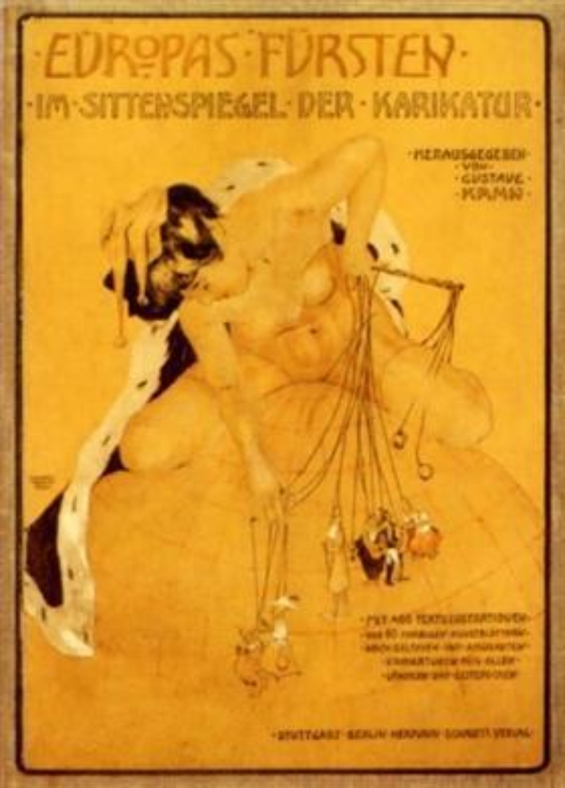 Plakat für eine Zirkusvorstellung namens "Europas Fürsten - Im Sittenspiegel der Karikatur" mit einer Frau im Bikini und einem Mann in Badehose in gedämpften Blautönen und Grautönen.