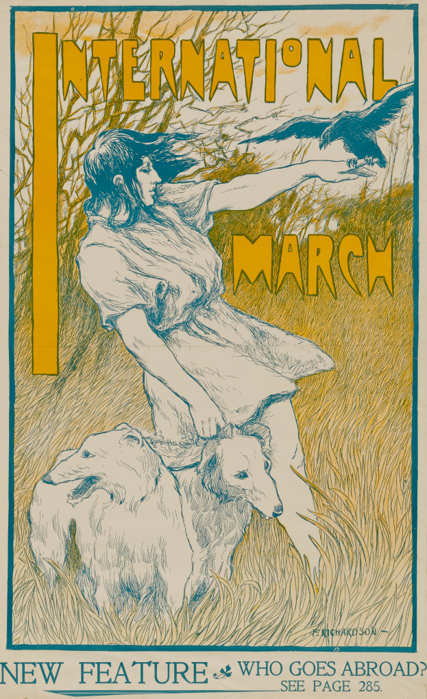 Ein Plakat für den Internationalen Marsch mit einer Frau mit einem menschlichen Gesicht und einem Hund, mit Text, der Informationen zum Ereignis enthält.