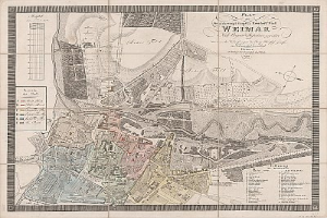 Detailierte alte Karte von Weimar, Deutschland, zeigt Straßen, Gebäude und Sehenswürdigkeiten mit begleitendem Text über die Stadt.
