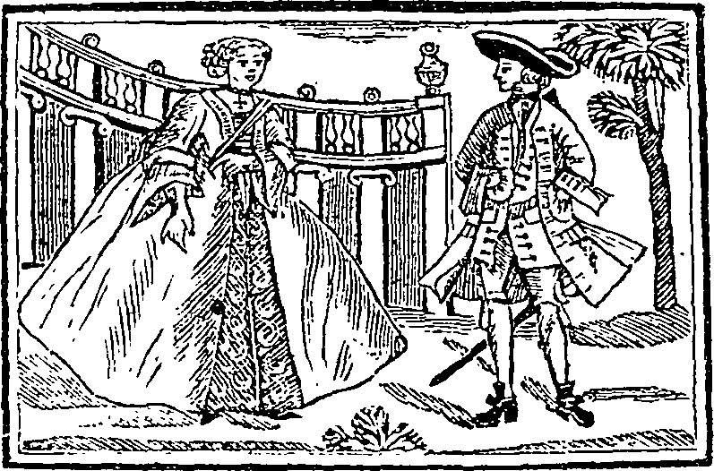 Schwarzes und weißes Zeichnung eines Mannes und einer Frau, die nebeneinander stehen, mit einem Baum und einem Geländer im Hintergrund, beschriftet als 18. Jahrhundert Heiratsclip-Art.