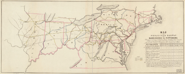 Eine Karte der Vereinigten Staaten, die die vorgeschlagenen Eisenbahnrouten von Harrisburg nach Pittsburgh zeigt, mit ausführlichem Text über die Eisenbahnlinien und -routen auf Papier.