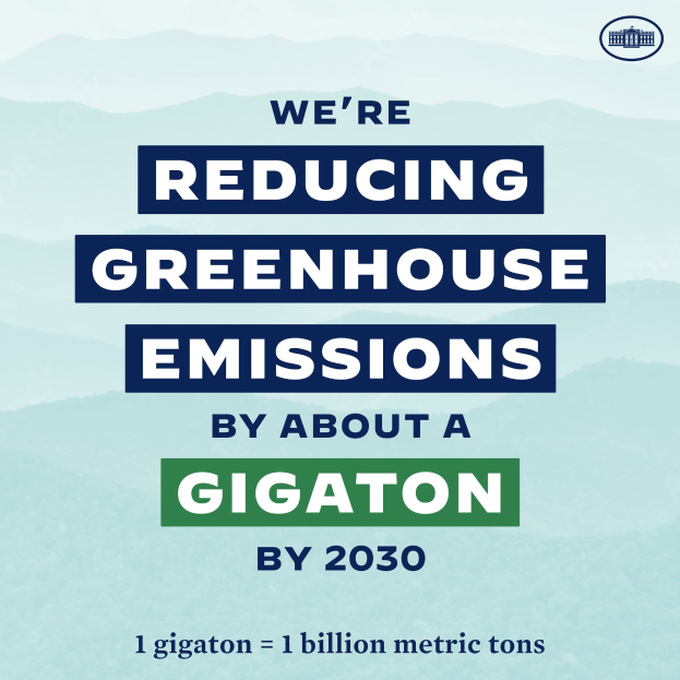 Plakat mit Text und Logo, das "Wir reduzieren die Treibhausgasemissionen um etwa eine Gigatonne bis 2030" propagiert.