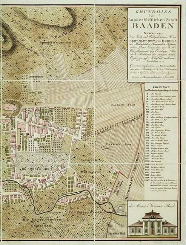 Alte detaillierte Karte von Baden-Württemberg, Deutschland, mit einem Gebäude im rechten unteren Eck, die Straßen, Gebäude und andere Merkmale zeigt, begleitet von Text mit Bevölkerungsangaben, Sehenswürdigkeiten und Straßeninformationen.