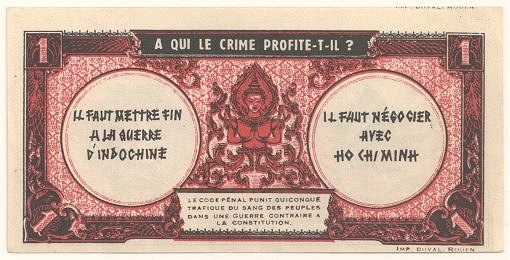 Alter französischer Geldschein mit einem ernsten Mann in einem Anzug und der Aufschrift "A qui le crime profite-il?" auf einem weißen Hintergrund mit einem schwarzen Rand.