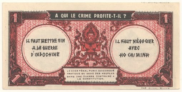 Alter französischer Geldschein mit einem ernsten Mann in einem Anzug und der Aufschrift "A qui le crime profite-il?" auf einem weißen Hintergrund mit einem schwarzen Rand.