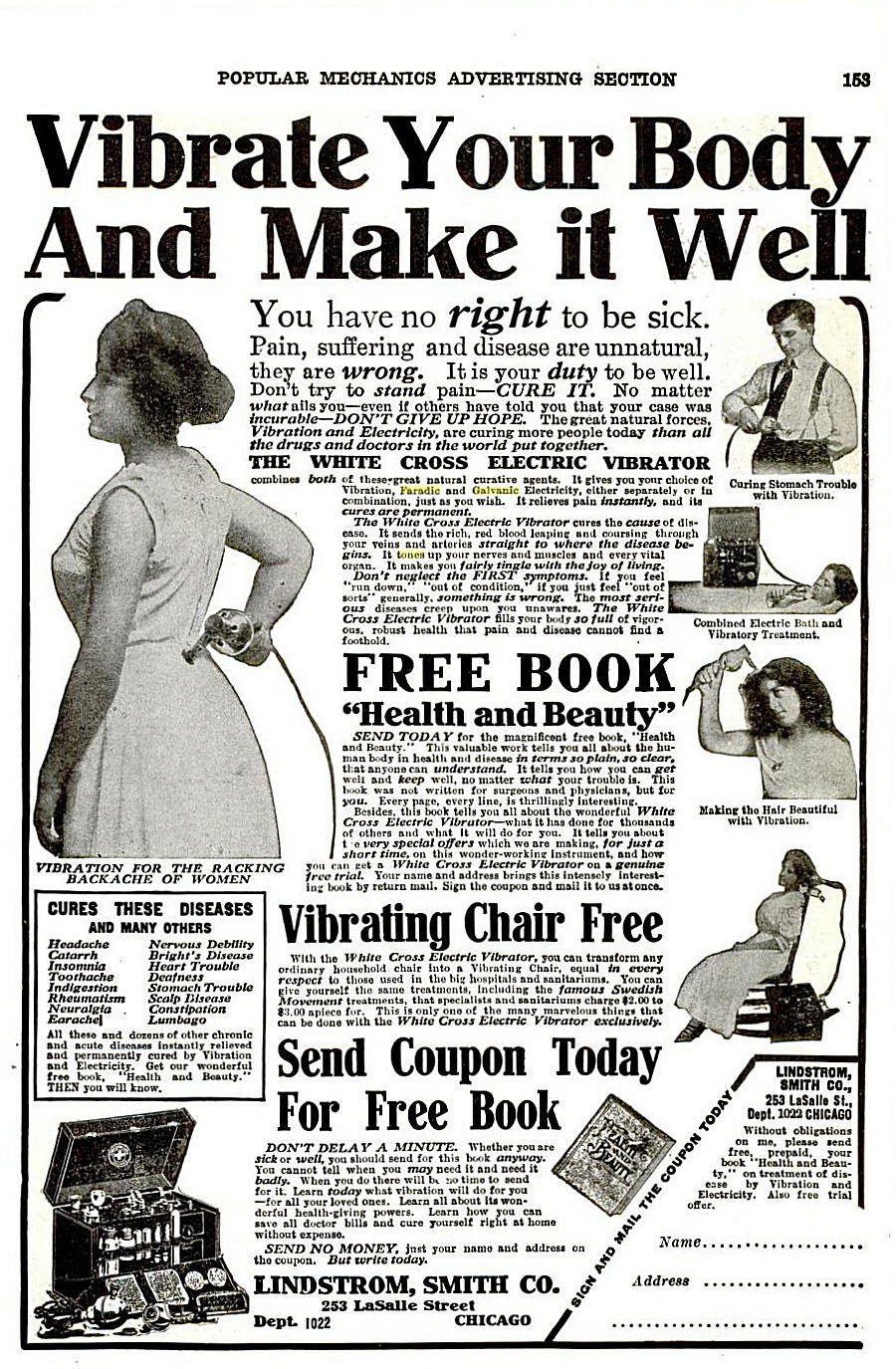 Ein Plakatwerbung zeigt eine Frau in einem weißen Kleid mit einem gemusterten Schultertuch, die Arme verschränkt und den Kopf hoch erhoben, mit fetter schwarzer Schrift 'Mach deinen Körper zum Vibrieren und mache ihn gesund.'