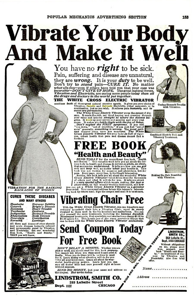 Ein Plakatwerbung zeigt eine Frau in einem weißen Kleid mit einem gemusterten Schultertuch, die Arme verschränkt und den Kopf hoch erhoben, mit fetter schwarzer Schrift 'Mach deinen Körper zum Vibrieren und mache ihn gesund.'